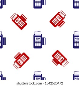 Blue and red POS terminal with inserted credit card and printed reciept icon isolated seamless pattern on white background. NFC payment concept.  Vector Illustration