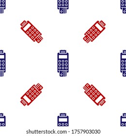 Blue and red POS terminal with inserted credit card and printed reciept icon isolated seamless pattern on white background. NFC payment concept. Vector Illustration