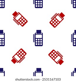Blue and red POS terminal with inserted credit card and printed reciept icon isolated seamless pattern on white background. NFC payment concept.  Vector Illustration