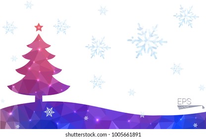 Blue, red postcard low polygon style christmas tree vector illustration consisting of triangles. Abstract polygonal origami or crystal design of New Years celebration. Isolated on white background.