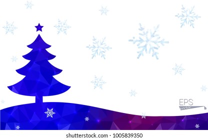 Blue, red postcard low polygon style christmas tree vector illustration consisting of triangles. Abstract polygonal origami or crystal design of New Years celebration. Isolated on white background.