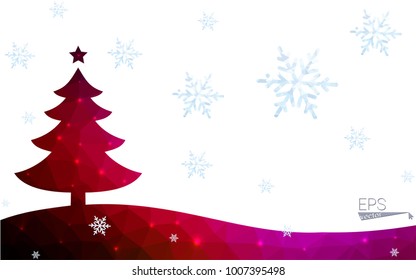 Blue, red postcard low polygon style christmas tree vector illustration consisting of triangles. Abstract polygonal origami or crystal design of New Years celebration. Isolated on white background.