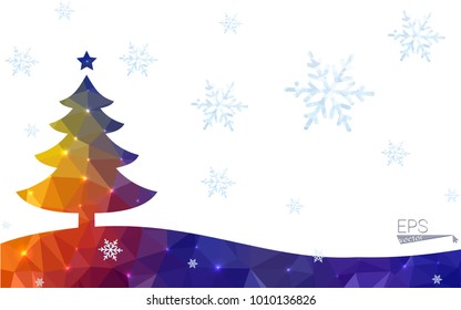 Blue, red postcard low polygon style christmas tree vector illustration consisting of triangles. Abstract polygonal origami or crystal design of New Years celebration. Isolated on white background.