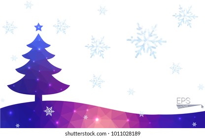 Blue, red postcard low polygon style christmas tree vector illustration consisting of triangles. Abstract polygonal origami or crystal design of New Years celebration. Isolated on white background.