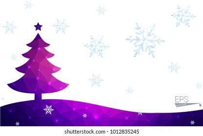 Blue, red postcard low polygon style christmas tree vector illustration consisting of triangles. Abstract polygonal origami or crystal design of New Years celebration. Isolated on white background.