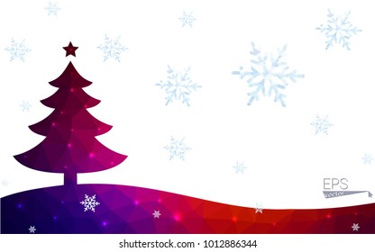 Blue, red postcard low polygon style christmas tree vector illustration consisting of triangles. Abstract polygonal origami or crystal design of New Years celebration. Isolated on white background.