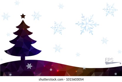 Blue, red postcard low polygon style christmas tree vector illustration consisting of triangles. Abstract polygonal origami or crystal design of New Years celebration. Isolated on white background.