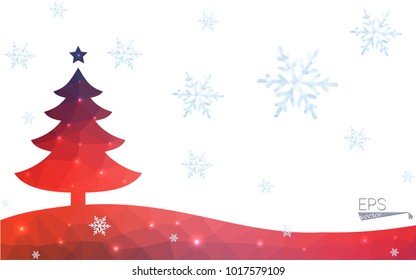 Blue, red postcard low polygon style christmas tree vector illustration consisting of triangles. Abstract polygonal origami or crystal design of New Years celebration. Isolated on white background.