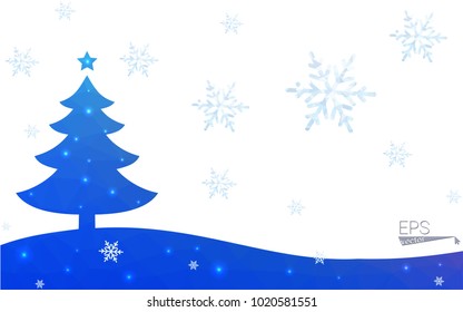 Blue, red postcard low polygon style christmas tree vector illustration consisting of triangles. Abstract polygonal origami or crystal design of New Years celebration. Isolated on white background.