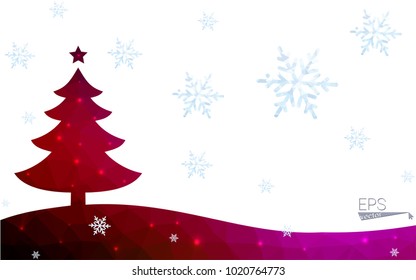 Blue, red postcard low polygon style christmas tree vector illustration consisting of triangles. Abstract polygonal origami or crystal design of New Years celebration. Isolated on white background.