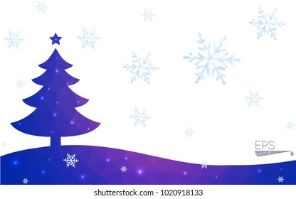 Blue, red postcard low polygon style christmas tree vector illustration consisting of triangles. Abstract polygonal origami or crystal design of New Years celebration. Isolated on white background.