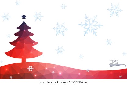Blue, red postcard low polygon style christmas tree vector illustration consisting of triangles. Abstract polygonal origami or crystal design of New Years celebration. Isolated on white background.