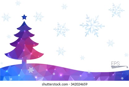 Blue, red postcard low polygon style christmas tree vector illustration consisting of triangles. Abstract polygonal origami or crystal design of New Years celebration. Isolated on white background.