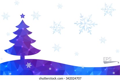 Blue, red postcard low polygon style christmas tree vector illustration consisting of triangles. Abstract polygonal origami or crystal design of New Years celebration. Isolated on white background.