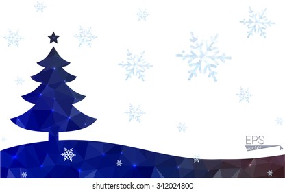 Blue, red postcard low polygon style christmas tree vector illustration consisting of triangles. Abstract polygonal origami or crystal design of New Years celebration. Isolated on white background.