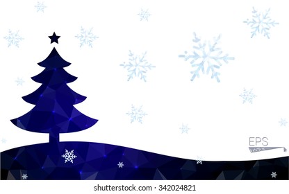 Blue, red postcard low polygon style christmas tree vector illustration consisting of triangles. Abstract polygonal origami or crystal design of New Years celebration. Isolated on white background.