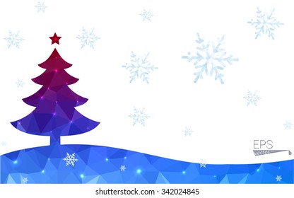 Blue, red postcard low polygon style christmas tree vector illustration consisting of triangles. Abstract polygonal origami or crystal design of New Years celebration. Isolated on white background.