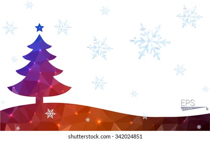 Blue, red postcard low polygon style christmas tree vector illustration consisting of triangles. Abstract polygonal origami or crystal design of New Years celebration. Isolated on white background.