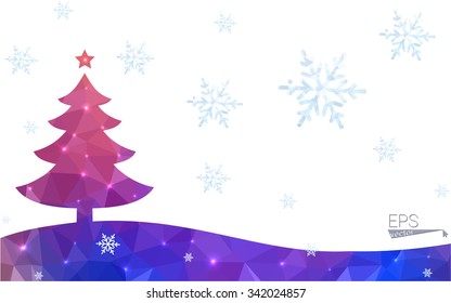 Blue, red postcard low polygon style christmas tree vector illustration consisting of triangles. Abstract polygonal origami or crystal design of New Years celebration. Isolated on white background.