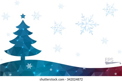 Blue, red postcard low polygon style christmas tree vector illustration consisting of triangles. Abstract polygonal origami or crystal design of New Years celebration. Isolated on white background.