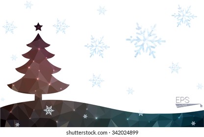 Blue, red postcard low polygon style christmas tree vector illustration consisting of triangles. Abstract polygonal origami or crystal design of New Years celebration. Isolated on white background.