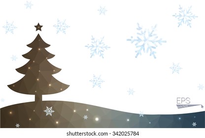 Blue, red postcard low polygon style christmas tree vector illustration consisting of triangles. Abstract polygonal origami or crystal design of New Years celebration. Isolated on white background.