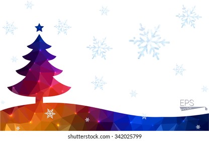 Blue, red postcard low polygon style christmas tree vector illustration consisting of triangles. Abstract polygonal origami or crystal design of New Years celebration. Isolated on white background.