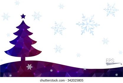 Blue, red postcard low polygon style christmas tree vector illustration consisting of triangles. Abstract polygonal origami or crystal design of New Years celebration. Isolated on white background.