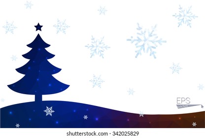 Blue, red postcard low polygon style christmas tree vector illustration consisting of triangles. Abstract polygonal origami or crystal design of New Years celebration. Isolated on white background.