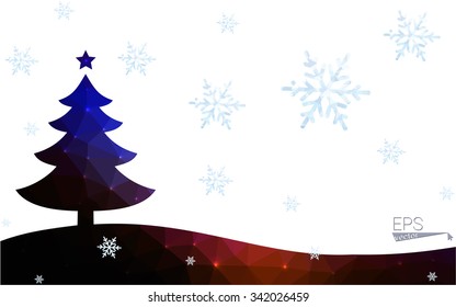 Blue, red postcard low polygon style christmas tree vector illustration consisting of triangles. Abstract polygonal origami or crystal design of New Years celebration. Isolated on white background.