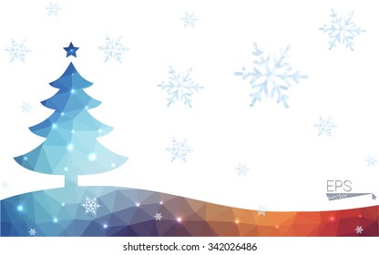 Blue, red postcard low polygon style christmas tree vector illustration consisting of triangles. Abstract polygonal origami or crystal design of New Years celebration. Isolated on white background.