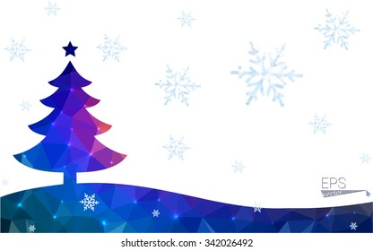 Blue, red postcard low polygon style christmas tree vector illustration consisting of triangles. Abstract polygonal origami or crystal design of New Years celebration. Isolated on white background.