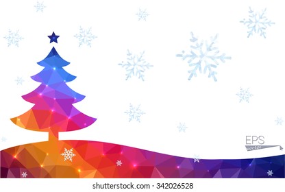 Blue, red postcard low polygon style christmas tree vector illustration consisting of triangles. Abstract polygonal origami or crystal design of New Years celebration. Isolated on white background.