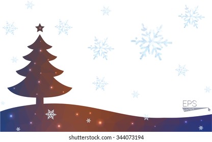 Blue, red postcard low polygon style christmas tree vector illustration consisting of triangles. Abstract polygonal origami or crystal design of New Years celebration. Isolated on white background.