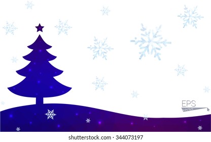 Blue, red postcard low polygon style christmas tree vector illustration consisting of triangles. Abstract polygonal origami or crystal design of New Years celebration. Isolated on white background.
