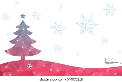 Blue, red postcard low polygon style christmas tree vector illustration consisting of triangles. Abstract polygonal origami or crystal design of New Years celebration. Isolated on white background.