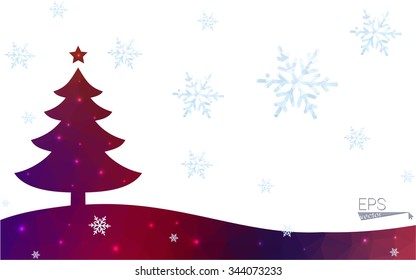 Blue, red postcard low polygon style christmas tree vector illustration consisting of triangles. Abstract polygonal origami or crystal design of New Years celebration. Isolated on white background.