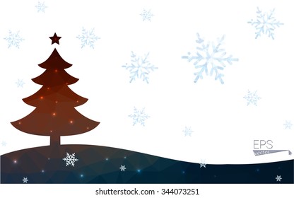 Blue, red postcard low polygon style christmas tree vector illustration consisting of triangles. Abstract polygonal origami or crystal design of New Years celebration. Isolated on white background.