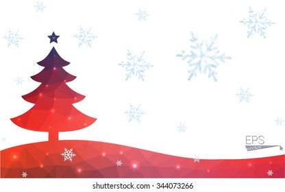 Blue, red postcard low polygon style christmas tree vector illustration consisting of triangles. Abstract polygonal origami or crystal design of New Years celebration. Isolated on white background.