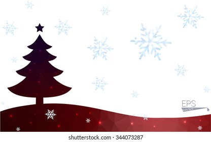 Blue, red postcard low polygon style christmas tree vector illustration consisting of triangles. Abstract polygonal origami or crystal design of New Years celebration. Isolated on white background.