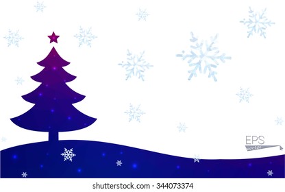 Blue, red postcard low polygon style christmas tree vector illustration consisting of triangles. Abstract polygonal origami or crystal design of New Years celebration. Isolated on white background.