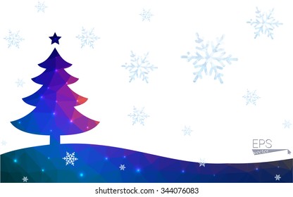 Blue, red postcard low polygon style christmas tree vector illustration consisting of triangles. Abstract polygonal origami or crystal design of New Years celebration. Isolated on white background.
