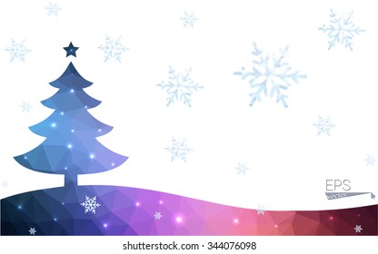 Blue, red postcard low polygon style christmas tree vector illustration consisting of triangles. Abstract polygonal origami or crystal design of New Years celebration. Isolated on white background.