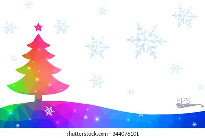 Blue, red postcard low polygon style christmas tree vector illustration consisting of triangles. Abstract polygonal origami or crystal design of New Years celebration. Isolated on white background.