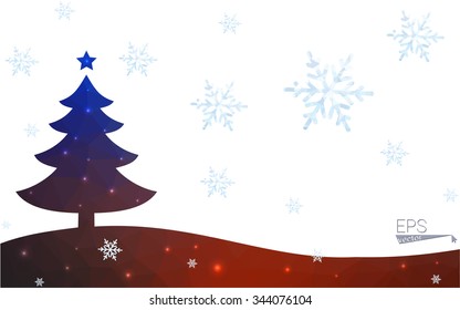 Blue, red postcard low polygon style christmas tree vector illustration consisting of triangles. Abstract polygonal origami or crystal design of New Years celebration. Isolated on white background.