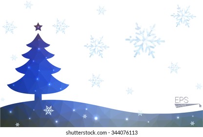 Blue, red postcard low polygon style christmas tree vector illustration consisting of triangles. Abstract polygonal origami or crystal design of New Years celebration. Isolated on white background.