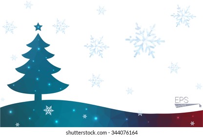 Blue, red postcard low polygon style christmas tree vector illustration consisting of triangles. Abstract polygonal origami or crystal design of New Years celebration. Isolated on white background.