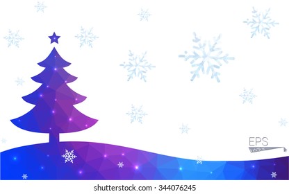 Blue, red postcard low polygon style christmas tree vector illustration consisting of triangles. Abstract polygonal origami or crystal design of New Years celebration. Isolated on white background.