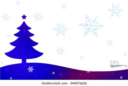 Blue, red postcard low polygon style christmas tree vector illustration consisting of triangles. Abstract polygonal origami or crystal design of New Years celebration. Isolated on white background.