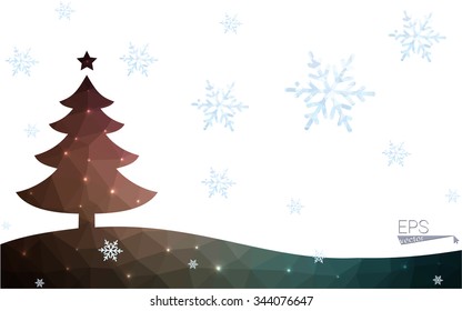 Blue, red postcard low polygon style christmas tree vector illustration consisting of triangles. Abstract polygonal origami or crystal design of New Years celebration. Isolated on white background.